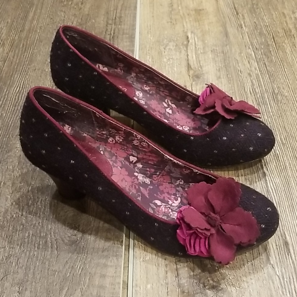 Ruby Shoo Tweed Pumps with Flowers